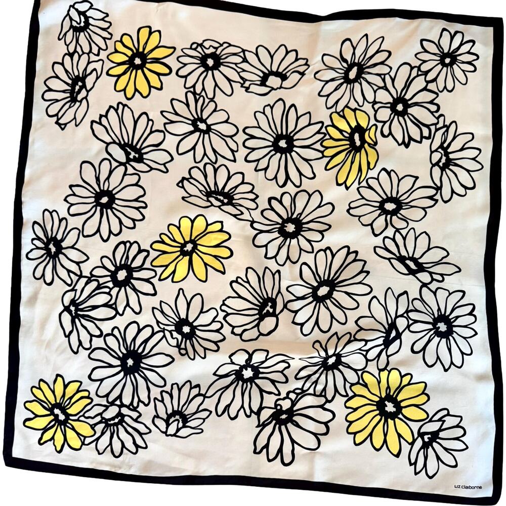 Vintage Liz Claiborne 90s Silk Daisy Print Scarf Black White Yellow 26 Inch - Picture 11 of 14